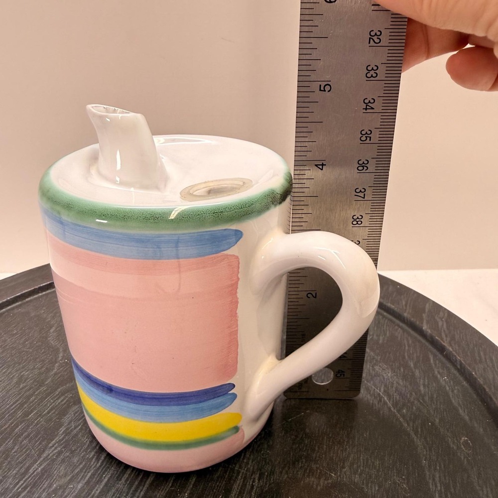 VTG Caleca Italy Hand Painted Ceramic olive oil Pitcher Stripes Spout Lid signed - Picture 5 of 8